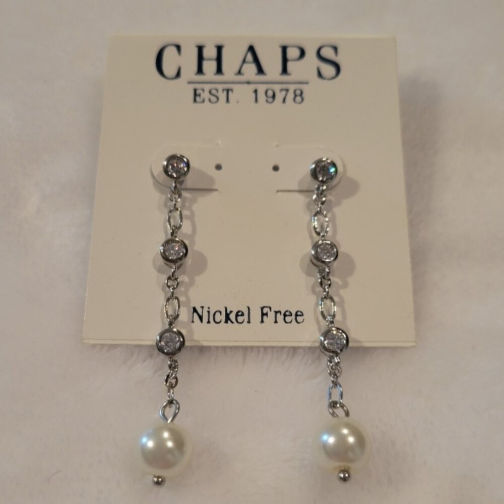 New with Tags Chaps Brand Pearl, Crystal, and Silver Toned Earrings